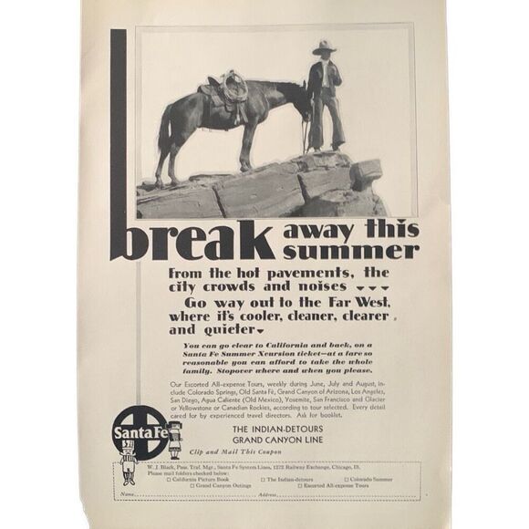 Vintage 1930 Santa Fe Break Away This Summer Ad Advertisement - Picture 3 of 5